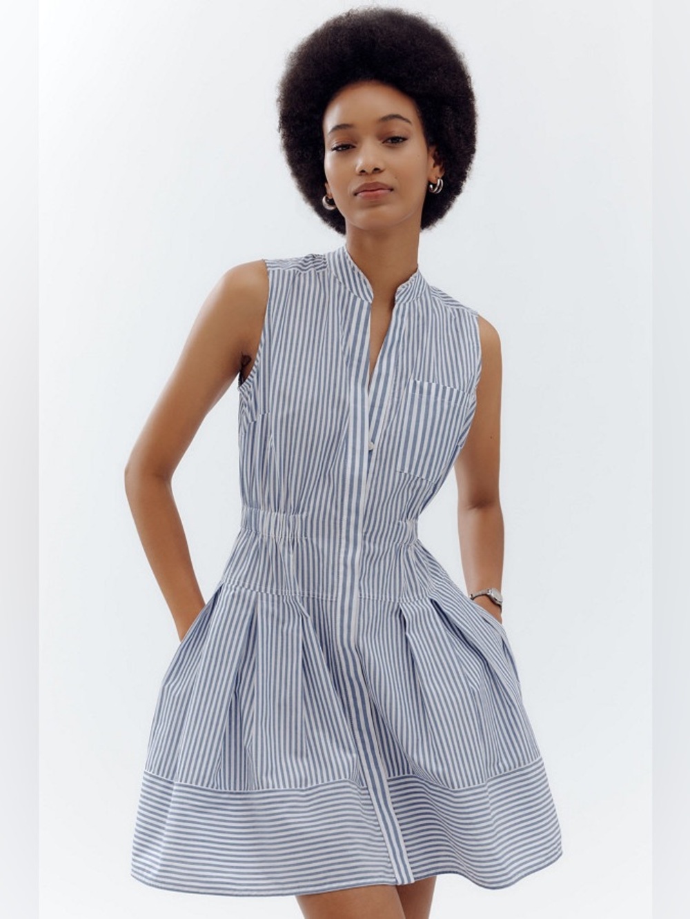 Anthropologie Maeve Blue and White Striped Sleeveless Mini Shirt Dress